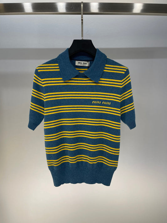 25 Color blocking striped knitted lapel short sleeved t-shirt