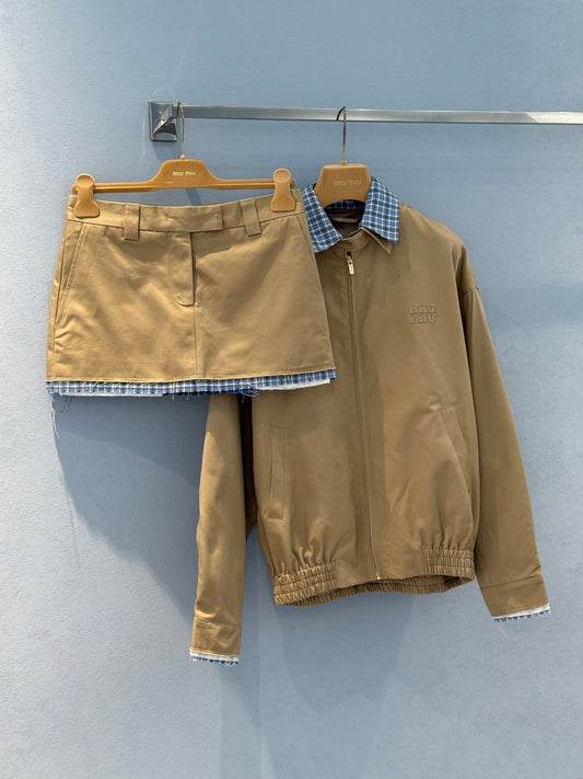 25 Blue plaid spliced khaki half skirt