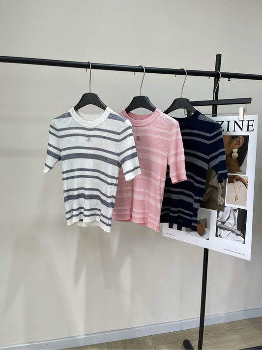 25 Three color striped knitted short sleeved shirt