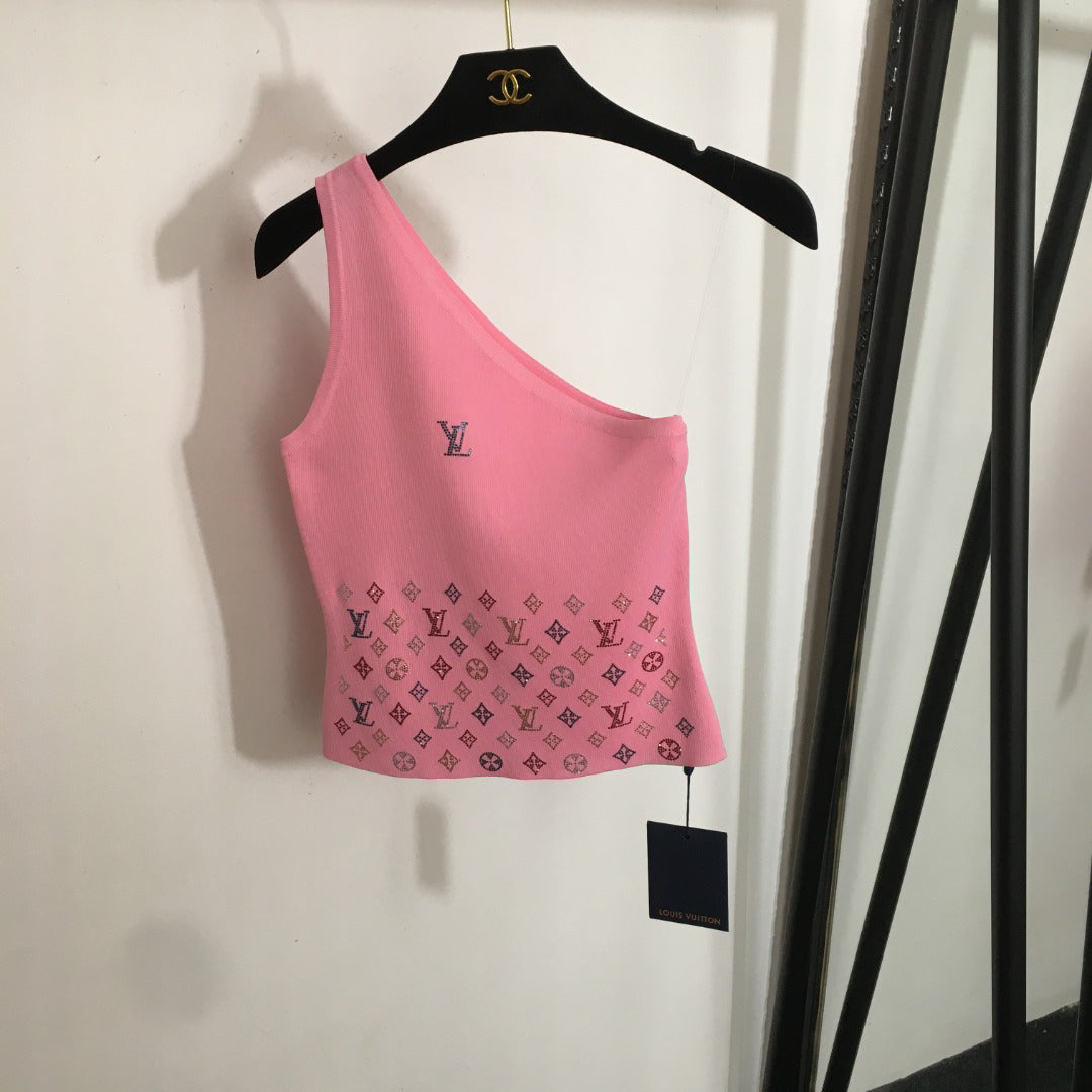 25 new style hot diamond logo off-shoulder knitted vest