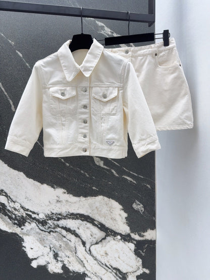 p 25 Spring and Summer Three-quarter Sleeve Super Short White Denim Jacket Set