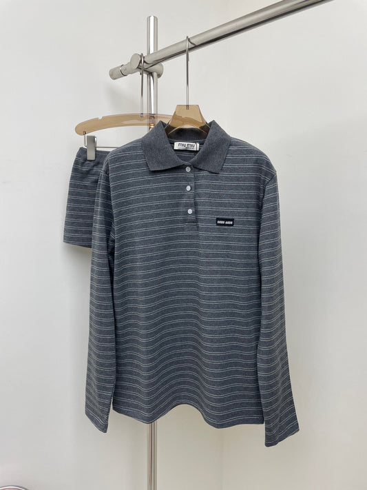 High-grade gray striped lapel long sleeve + shorts
