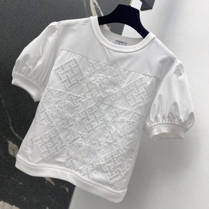 25 Hollow embroidery bubble sleeve striped top short sleeved