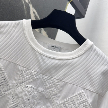 25 Hollow embroidery bubble sleeve striped top short sleeved
