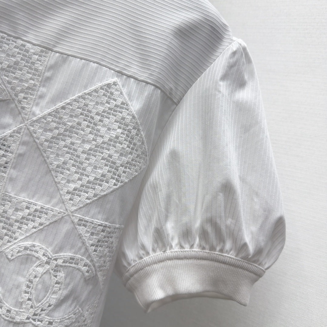25 Hollow embroidery bubble sleeve striped top short sleeved