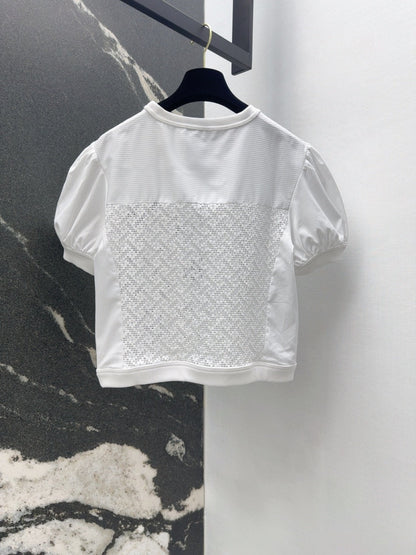 25 Hollow embroidery bubble sleeve striped top short sleeved