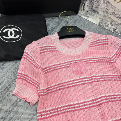 25 Pink Striped Crewneck Short Sleeve Knit Top