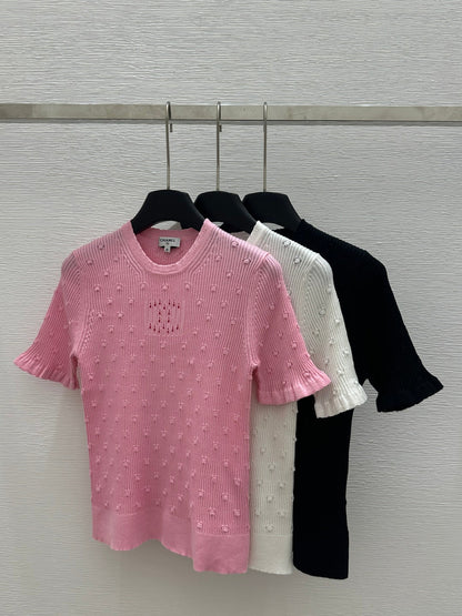 25 Early Spring New Style Solid Color Round Neck Hollow Knitted Short Sleeve