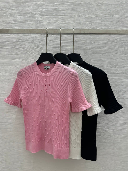 25 Early Spring New Style Solid Color Round Neck Hollow Knitted Short Sleeve