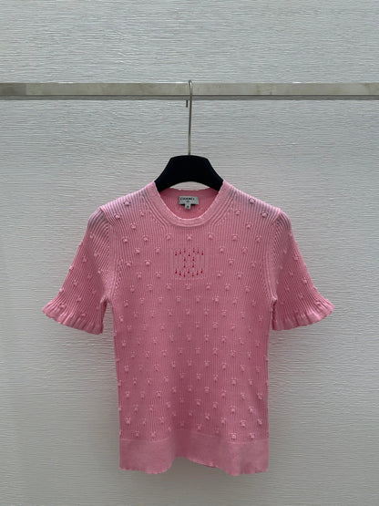 25 Early Spring New Style Solid Color Round Neck Hollow Knitted Short Sleeve