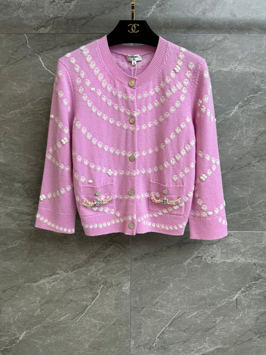 2025 Spring and Summer New Pink Pocket Beaded Cardigan