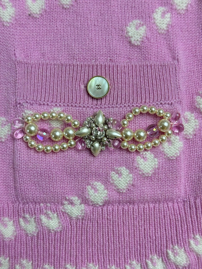 2025 Spring and Summer New Pink Pocket Beaded Cardigan