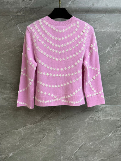 2025 Spring and Summer New Pink Pocket Beaded Cardigan