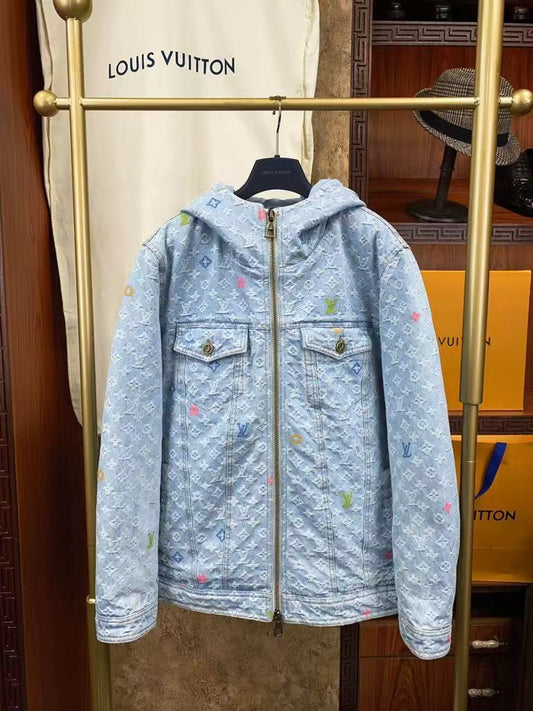 25 Fall and Winter Old Flower Full Print Denim Jacket Coat