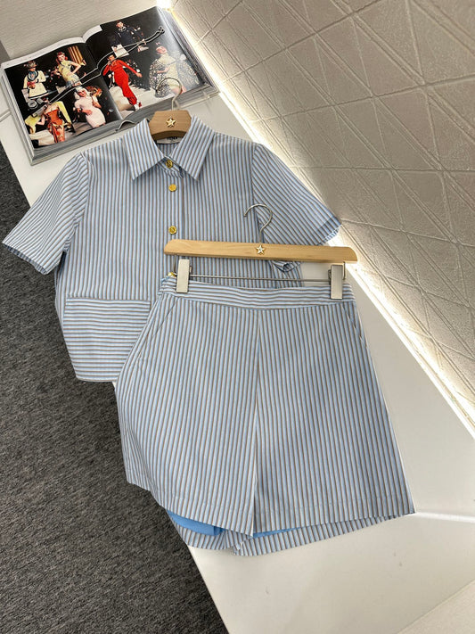25 Stripe Short Sleeve Shirt Shorts Set