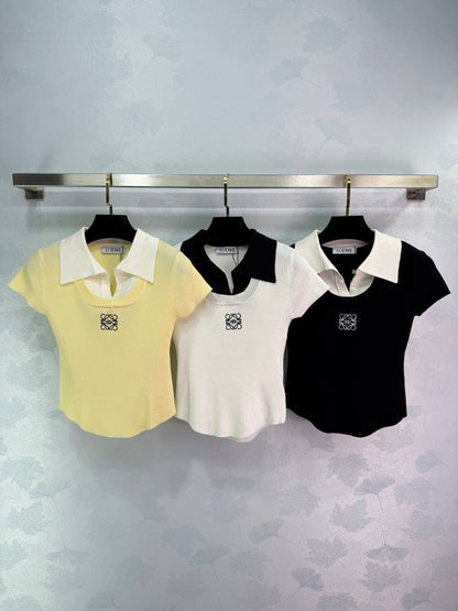 25  Short sleeved fake two-piece knitted top）
