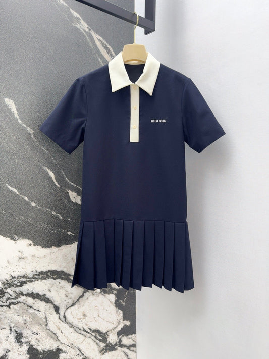 25SS Early Spring New Colorblock Lapel Pleated Polo Dress