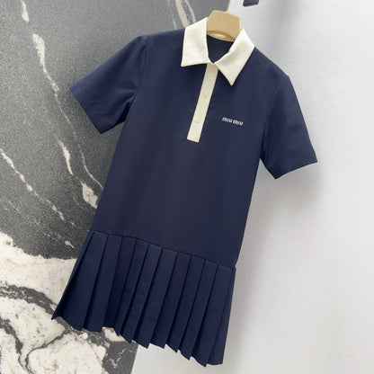 25SS Early Spring New Colorblock Lapel Pleated Polo Dress