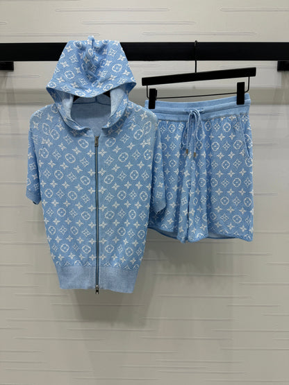 25 Zipper Jacquard Knit Short Sleeve Shorts Set
