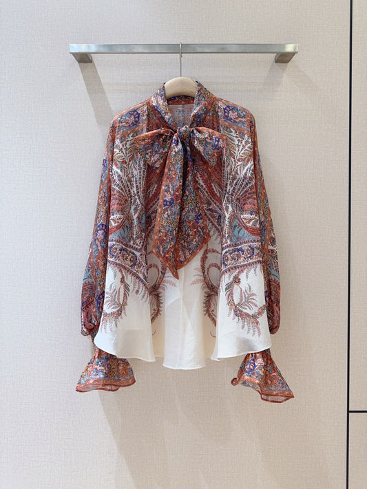25 Summer New Arrivals Cream Paisley Pattern Tie Neck Long Sleeve Shirt