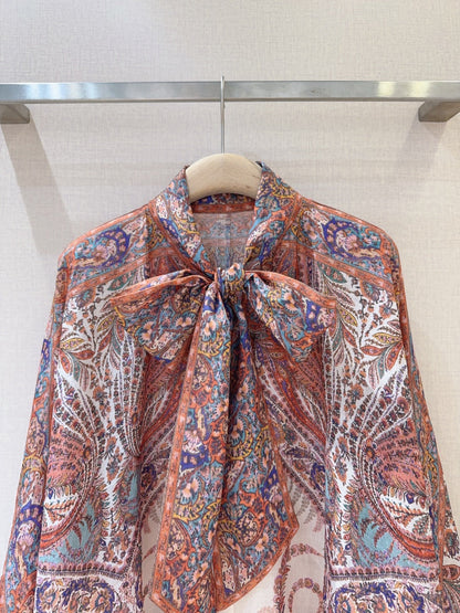 25 Summer New Arrivals Cream Paisley Pattern Tie Neck Long Sleeve Shirt