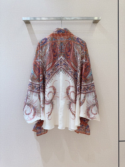 25 Summer New Arrivals Cream Paisley Pattern Tie Neck Long Sleeve Shirt