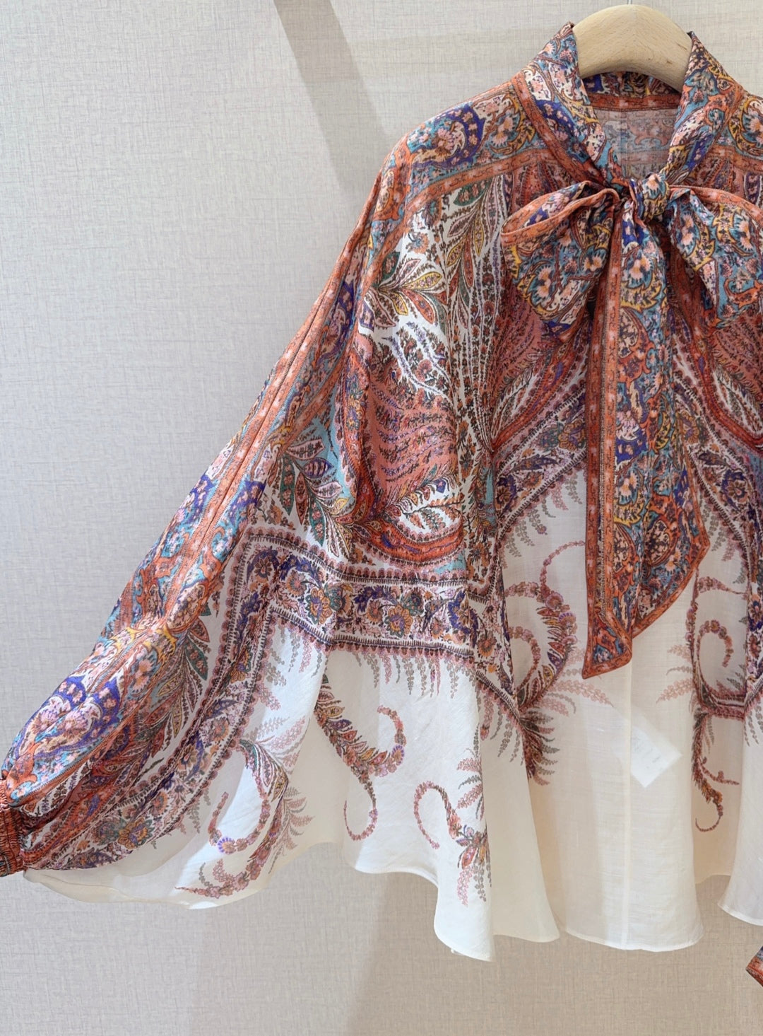 25 Summer New Arrivals Cream Paisley Pattern Tie Neck Long Sleeve Shirt