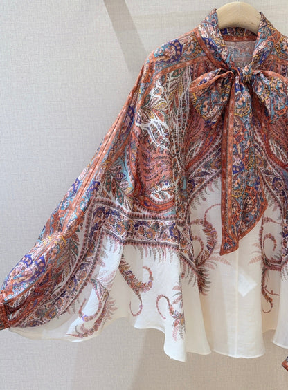 25 Summer New Arrivals Cream Paisley Pattern Tie Neck Long Sleeve Shirt