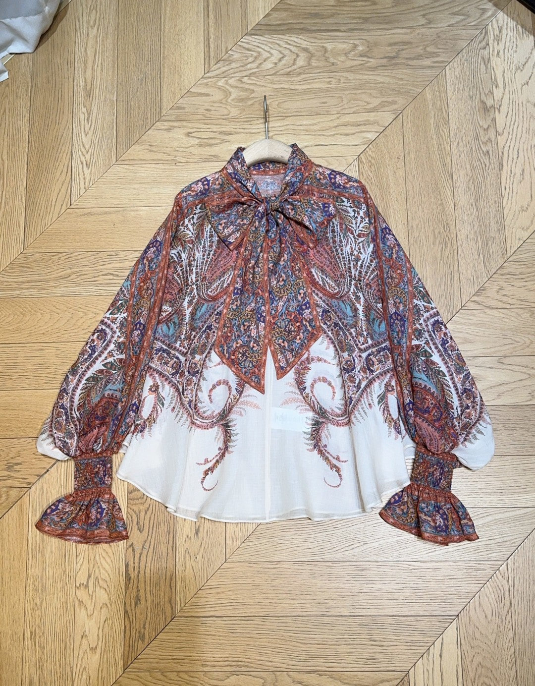 25 Summer New Arrivals Cream Paisley Pattern Tie Neck Long Sleeve Shirt