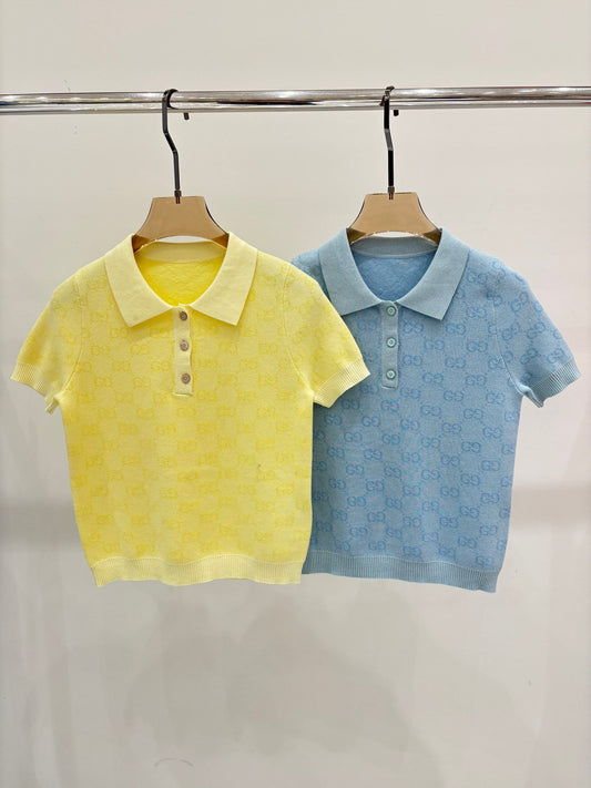 25 Early spring new lapel letter logo full print contrast color casual knitted short sleeves