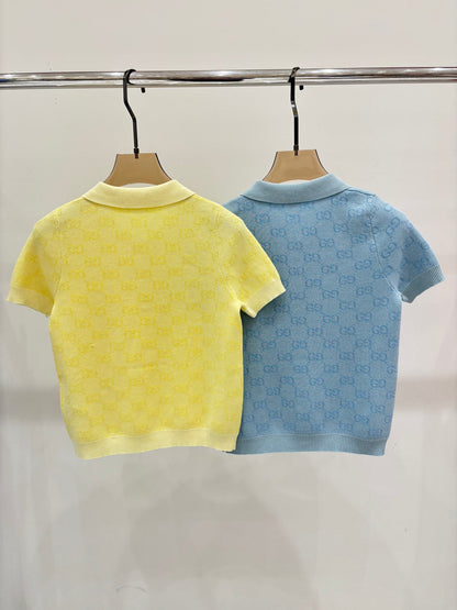 25 Early spring new lapel letter logo full print contrast color casual knitted short sleeves