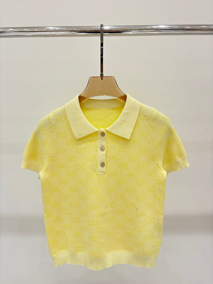 25 Early spring new lapel letter logo full print contrast color casual knitted short sleeves