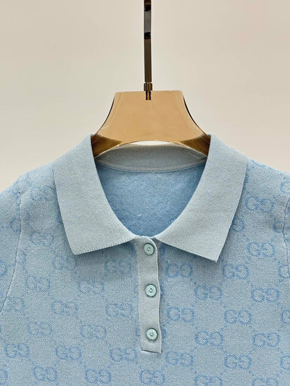 25 Early spring new lapel letter logo full print contrast color casual knitted short sleeves