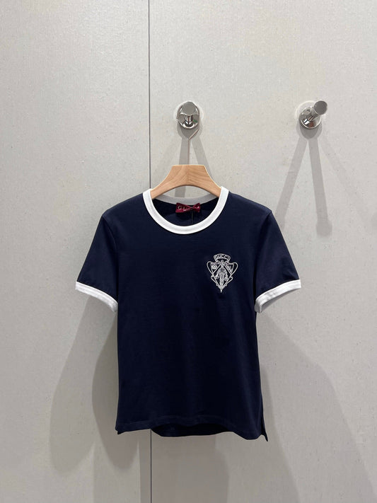 25Ss Spring and Summer New Style Spliced Threaded Round Neck Short Sleeve T-shirt