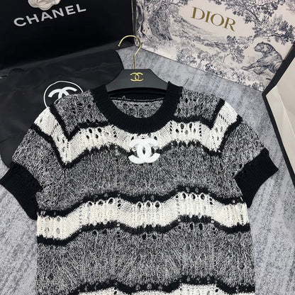 25 Spring and Summer New Mixed Color Striped Hollow Short Sleeves