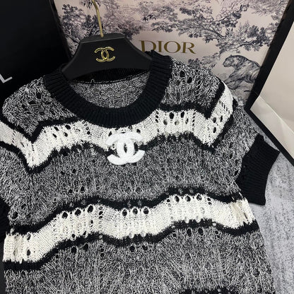 25 Spring and Summer New Mixed Color Striped Hollow Short Sleeves
