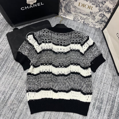 25 Spring and Summer New Mixed Color Striped Hollow Short Sleeves