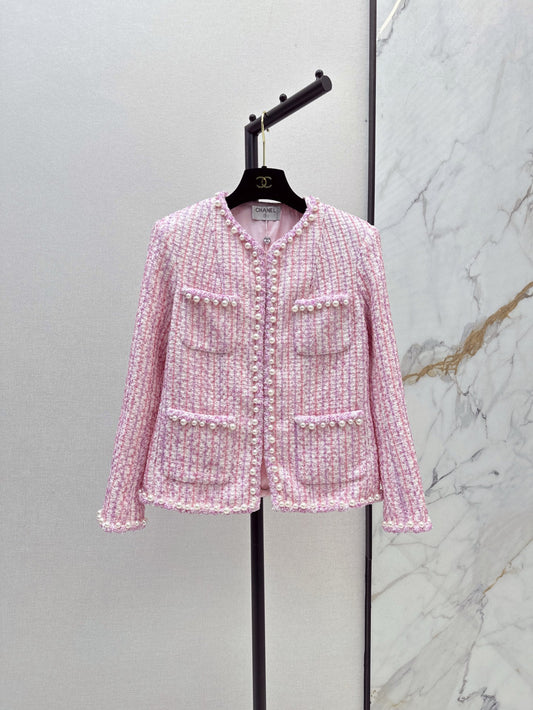 25ss latest spring and summer high-end sparkling cherry blossom pink pearl jacket