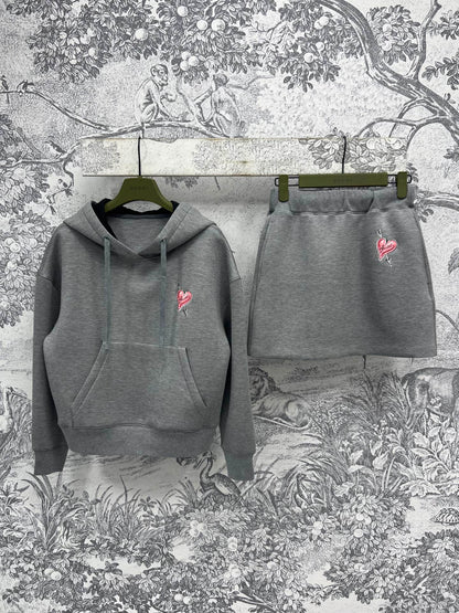 25 Spring and Summer New Love Embroidery Space Cotton Hooded Top Jacket + Elastic Waist Skirt