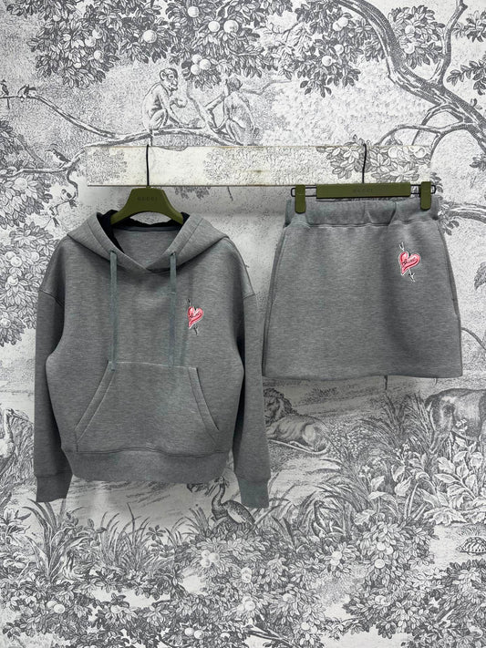 25 Spring and Summer New Love Embroidery Space Cotton Hooded Top Jacket + Elastic Waist Skirt