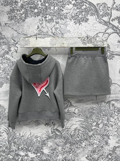 25 Spring and Summer New Love Embroidery Space Cotton Hooded Top Jacket + Elastic Waist Skirt