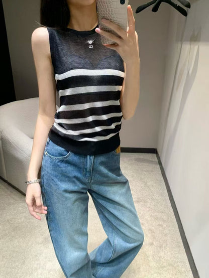 25SS Spring and Summer New Simple and Versatile Striped Knitted Hollow Vest