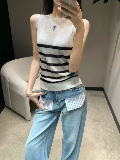 25SS Spring and Summer New Simple and Versatile Striped Knitted Hollow Vest