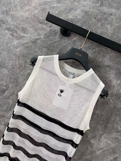 25SS Spring and Summer New Simple and Versatile Striped Knitted Hollow Vest