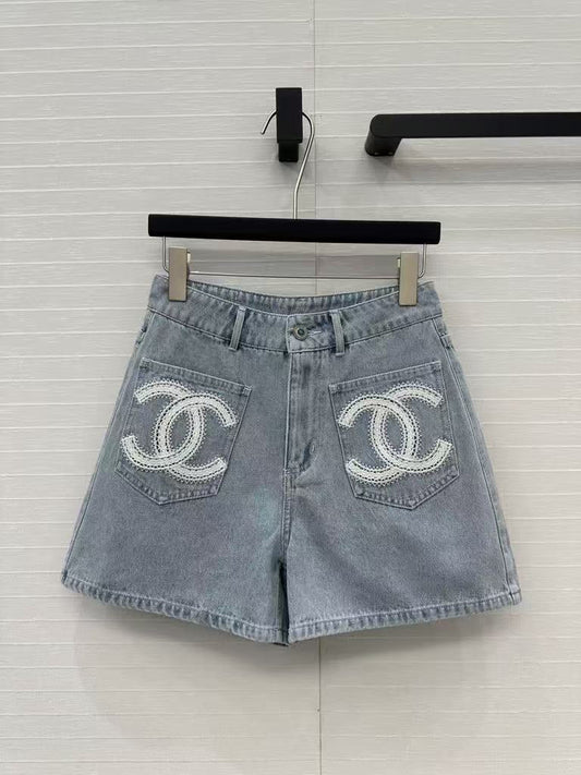 25SS Beach Series Double C Hollow Water soluble Flower Embroidered Cowboy Shorts