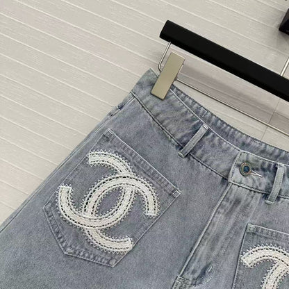 25SS Beach Series Double C Hollow Water soluble Flower Embroidered Cowboy Shorts