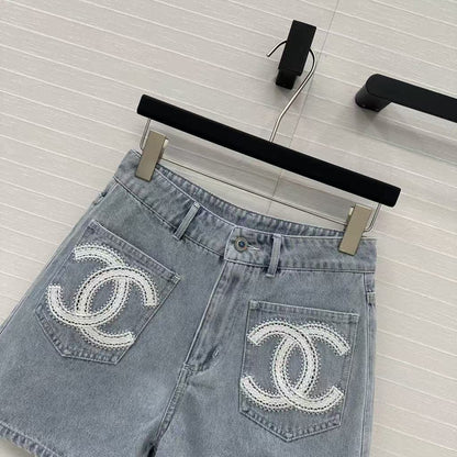 25SS Beach Series Double C Hollow Water soluble Flower Embroidered Cowboy Shorts