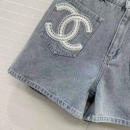 25SS Beach Series Double C Hollow Water soluble Flower Embroidered Cowboy Shorts