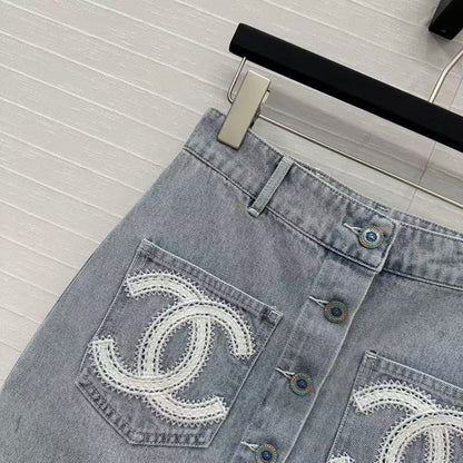 25SS Beach Series Double C Hollow Water soluble Flower Embroidered Cowboy Single breasted Short Half Skirt