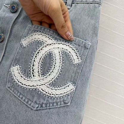 25SS Beach Series Double C Hollow Water soluble Flower Embroidered Cowboy Single breasted Short Half Skirt
